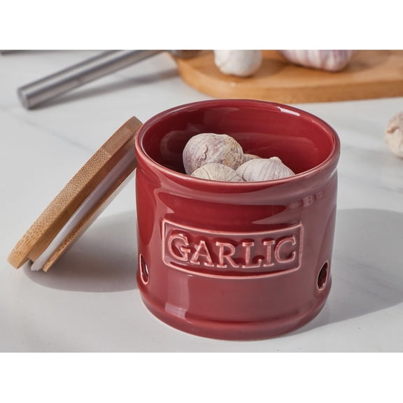 PYAN-Garlic Keeper with Lid, Ceramic Garlic Saver 4 inch, Dark Red