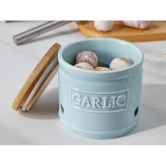 PYAN-Garlic Keeper with Lid, Ceramic Garlic Saver 4 inch, Light Blue
