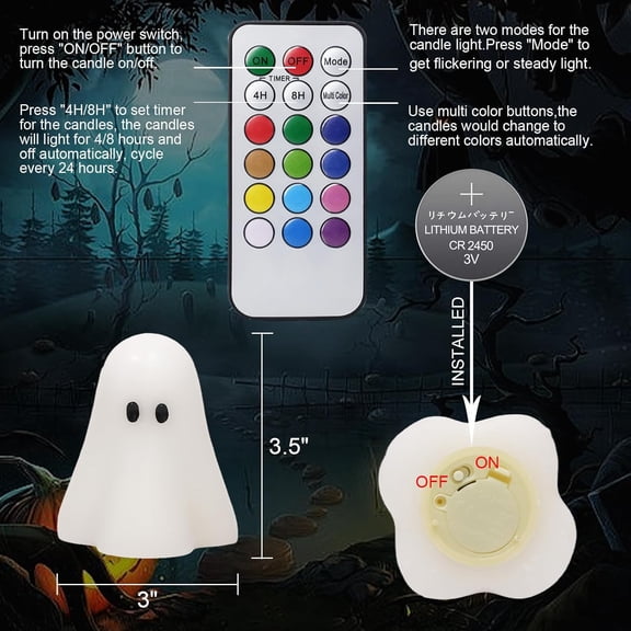 PYAN-Ghost Flamless Flickering Candles with 18-key Remote and Timer, 12 Color Changing Battery Operated Spooky Candles Real Wax Small Ghost Lights LED Candle Fireplace Halloween Indoor Decor Gift