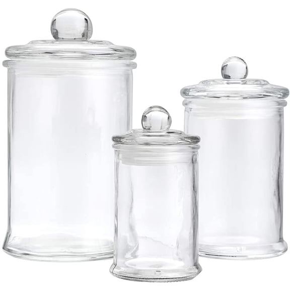 PYAN-Glass Canisters, Apothecary Jars with Airtight Lids, Bathroom Vanity Storage Organizer Containers for Qtip Cotton Swabs, Cotton Balls, Flossers, Bath Salt, Hair Tie, Set of 3