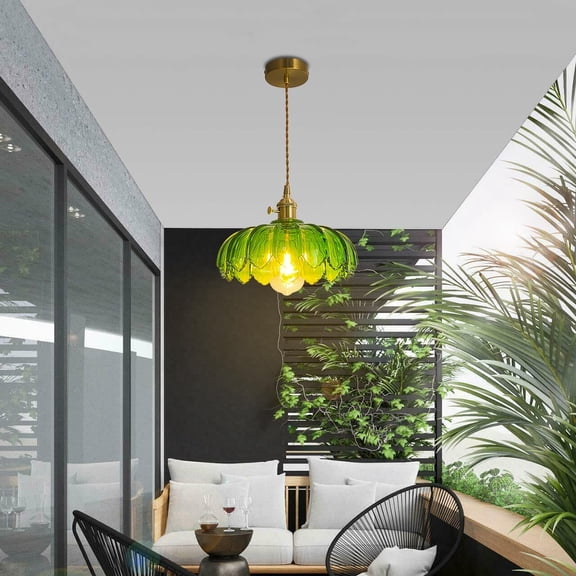 PYAN-Glass Pendant Lights Kitchen Island,Adjustable Hanging Lamp Fixture Brass Vintage Chandelier for Bedrooms Restaurants,Kitchen Chandelier Light with 9.84 Inch Green Lotus Lampshade(Excluding E26