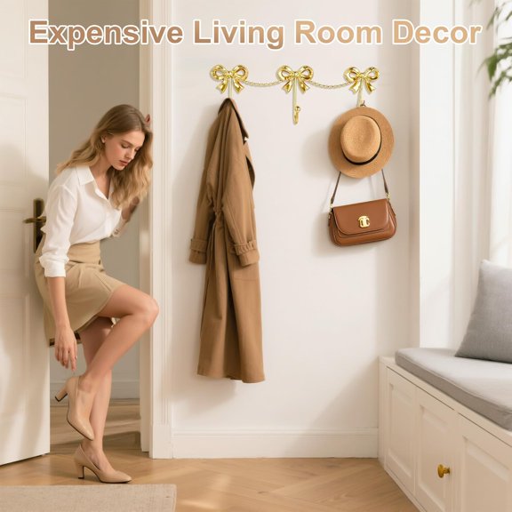 PYAN-Gold Bow Decor for Girls Room Decor - 3-Link Mental Gold Bow Hooks for Wall, Golds Bows Hangers for Coats, Bags, Bath Towels, Bathroom, Loveshackfancy Decor, Girl Nursery ,Coquette Room, 14.1*4.