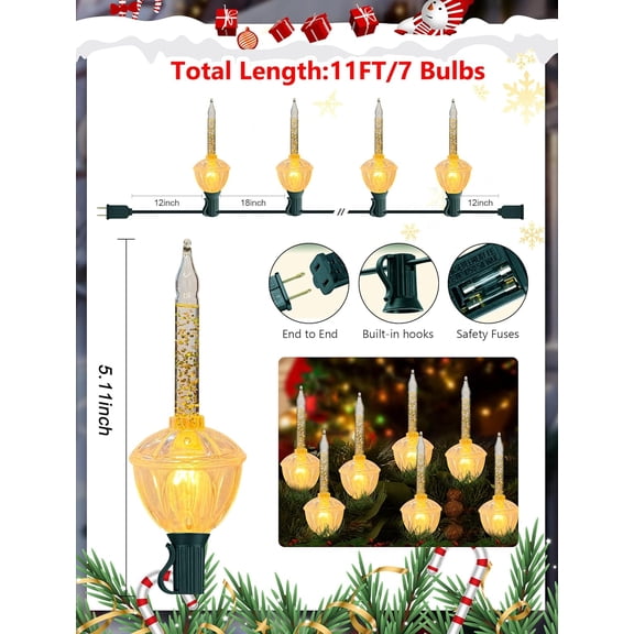 PYAN-Gold Christmas Bubble Lights Set,11Ft Vintage Bubble String Lights with 8 Clear Bulbs (1 Spare),C7/E12 Base, Gold Glitter Christmas Bubble Lights for Indoor Outdoor Tree Fireplace Window Decor