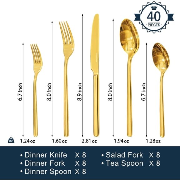PYAN-Gold Silverware Set, 40 Piece Flatware Cutlery Set for 8, 18/10 Stainless Steel Silverware Mirror Polished Dishwasher Safe for Home, Restaurant, Wedding, Party(Gold, 40 pieces for 8)