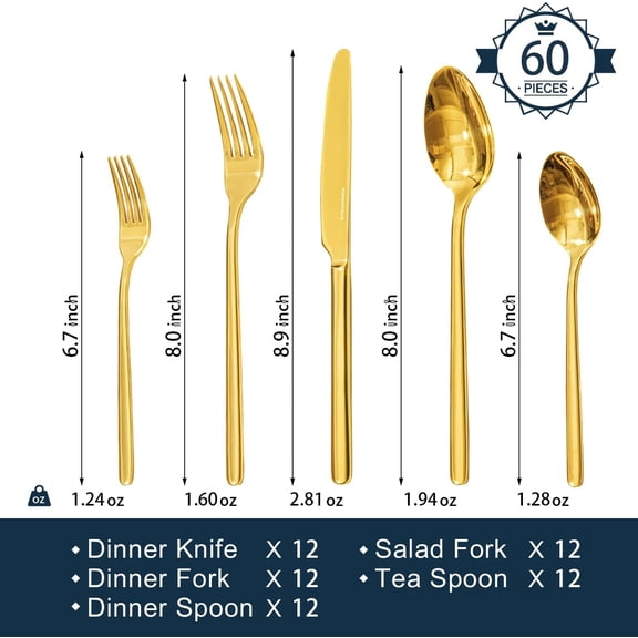 PYAN-Gold Silverware Set, 60 Piece Flatware Cutlery Set for 12, 18/10 Stainless Steel Silverware Mirror Polished Dishwasher Safe for Home, Restaurant, Wedding, Party(Gold, 60 pieces for 12)