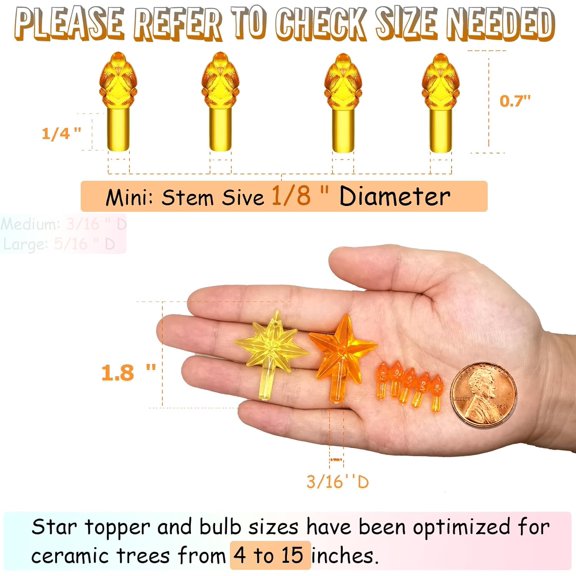 PYAN-Golden Yellow Replacement Lights Bulbs for Ceramic Christmas Tree, Mini Flame Light Ornaments for Ceramic Tree, Small Twist Pegs Accessories for Crafts, 2 Stars Treetopper177 Bulbs Set
