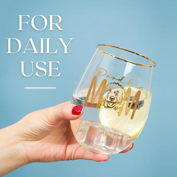 PYAN-Goldendoodle Gifts for Women, Doodle Mom 17oz Stemless Wine Glass with Cute Doodle Pattern, Gifts for Birthdays, Dog Lover Parties, Goldendoodle Gifts for Goldendoodle Lovers, Gold