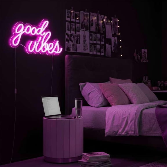 PYAN-Good Vibes Neon Sign Pink, Aesthetic LED Light for Wall Decor, Bedroom, College Dorm, Studio, USB Powered 3D Night Lamp for Birthday Gift, Party Background, 16.1x8.3 Inch