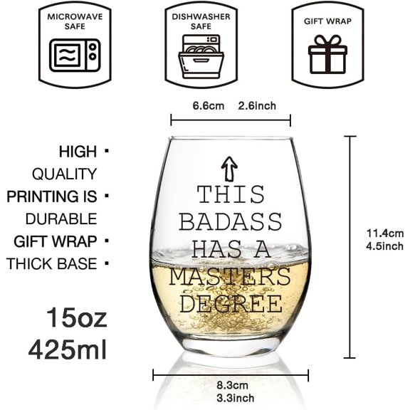 PYAN-Graduation Glass,This Badass Has a Masters Degree Wine Glass & Wine Bag,Graduation Gifts for Her 15oz