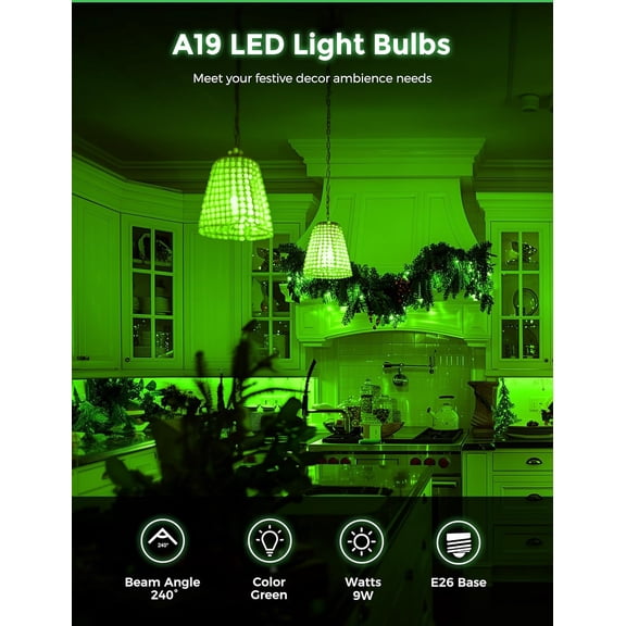 PYAN-Green Light Bulbs, 9W (60 Watt Equivalent) - E26 Base LED Bulb, 720LM Green Bulbs Outdoor for Carnival Christmas Party Decoration, Porch, Home, Holiday Lighting, Non-Dimmable, 2 Pack