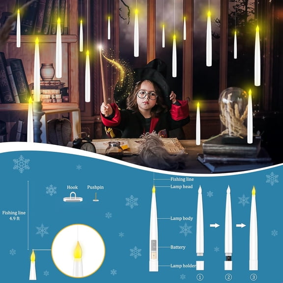 PYAN-Halloween Decorations, Floating Candles with Wand, Magic Hanging Candles Flickering Warm Light Flameless LED Taper Candle with Wand Remote, Battery Operated Window Candles for Holiday Decor (12