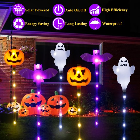 PYAN-Halloween Decorations Outdoor Solar Pumpkin Bat Ghost Garden Stake Lights, 6-Pack 8 Modes Solar Halloween Lights Waterproof for Outside Home Patio Yard Pathway Grave Lawn Porch Party Decor