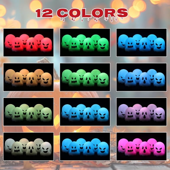 PYAN-Halloween Ghost Lights Flameless Candles Battery Operated with Remote and Timer 6 Pack Color Changing LED Small Votive Candles Spooky Halloween Indoor Deocration(2 x 2.4 Inches)