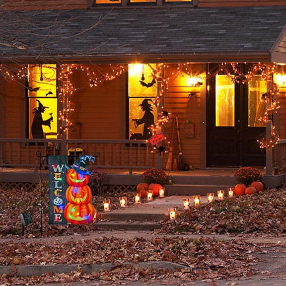 PYAN-Halloween Led Lights Garden Flag Pumpkin Decor for Outside,Solar Yard Flag 12x18 Double Sided Halloween Mailbox Decorations