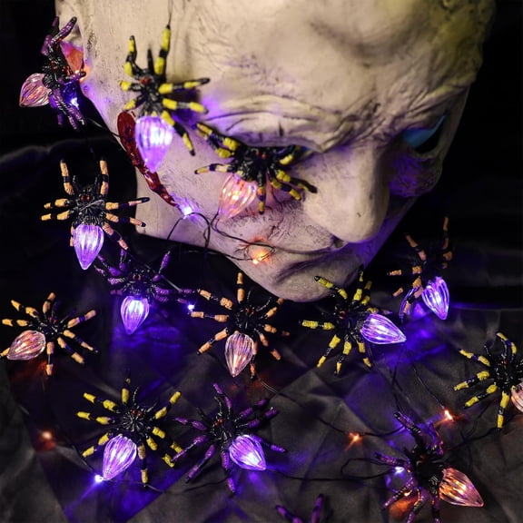 PYAN-Halloween Spider String Lights- Tarantula Battery Operated Waterproof Fairy Lights 10FT 15 LED with Remote Timer, Spooky 3D Spider Decorations for Tent doorway Patio Bedroom Indoor Party Haunted