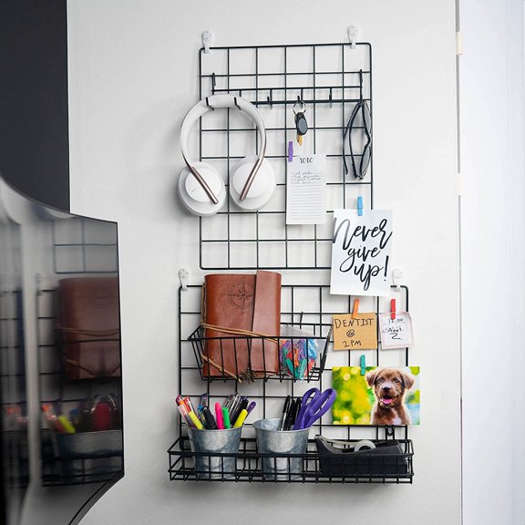 PYAN-Hanging Baskets & Hooks Rack | Wall Grid Accessories for Wire Wall Grid Panel | Grid Panel Accessories | Wire Wall Baskets & Hanging Hooks