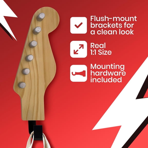 PYAN-Headstock Hangers (Set of 3) | Real Wood 1:1 Scale Guitar Headstock Wall Hooks | Heavy Duty Decorative Coat Rack for Musicians, Home & Music Room Decor | Holds up to 20 lbs