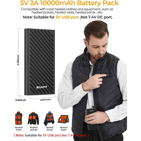 PYAN-Heated Vest Battery Pack,10000mAh 5V 2A Power Bank Specially Designed for Heated Jacket, Heated Clothes,USB Heated Blanket,Heated Seats.