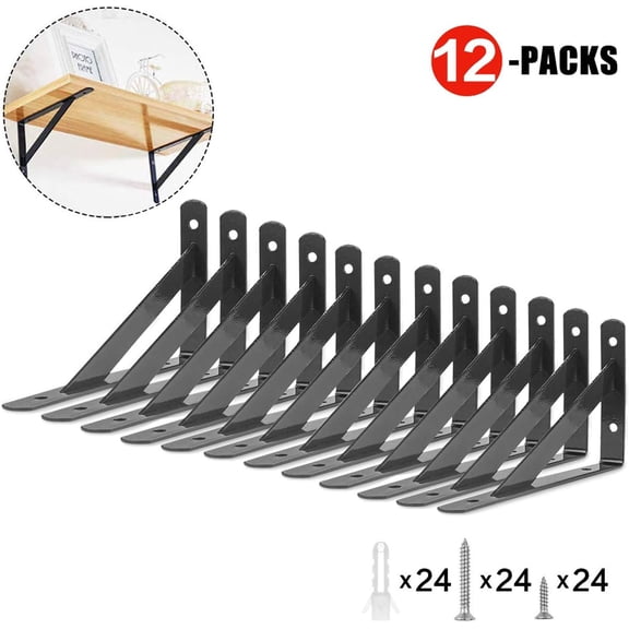 PYAN-Heavy Duty Shelf Brackets 12 Packs L Corner Brace Black 4 X 6 Inch 90 Degree Floating Shelves, Tripod Triangle Shelf Brackets for Floating Wood Shelves