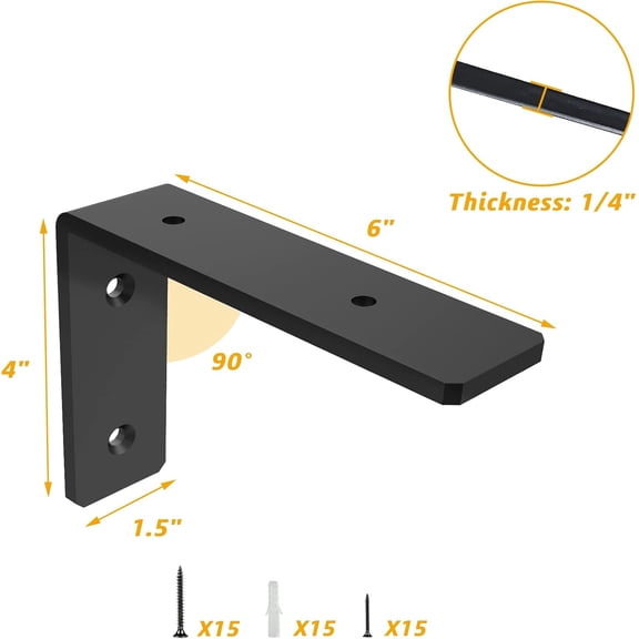 PYAN-Heavy Duty Shelf Brackets - 6 Inch 6PCS Metal Shelf Brackets 1/4" Thick, L Brackets for Shelves, Wall Bracket for Floating Shelves Rustic Iron for DIY Open Shelving Hardware Included
