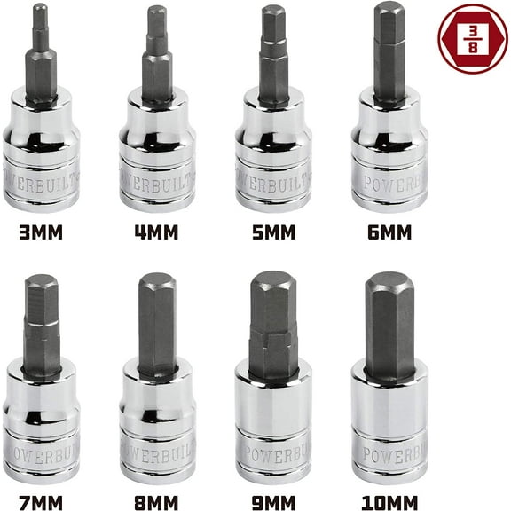 PYAN-Hex Bit Socket Set, 8 Piece, 3/8 Inch Drive Metric, Sizes 3-10mm, Ball End Sockets, Storage Rail - 642405, Silver