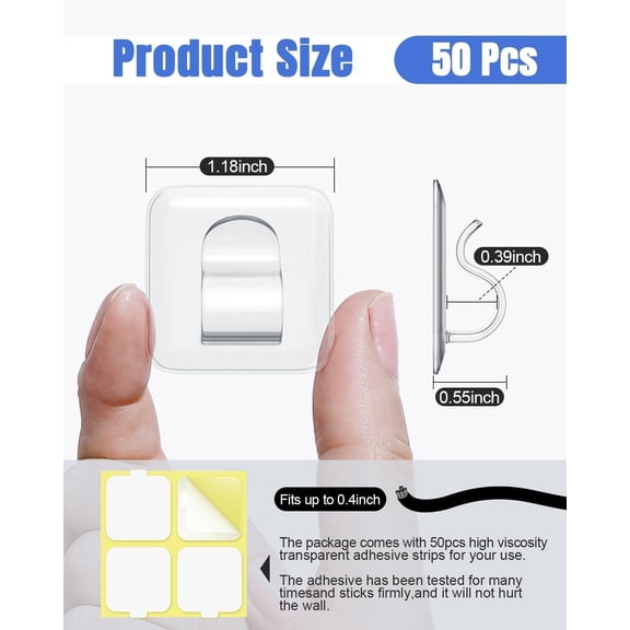 PYAN-Hooks for Outdoor String Lights Clips: 50 Pack Square Clear Large Heavy Duty Light Hook Waterproof Adhesive Strips - Outside Hanging Rope Light Cable Cord Holders Organizer