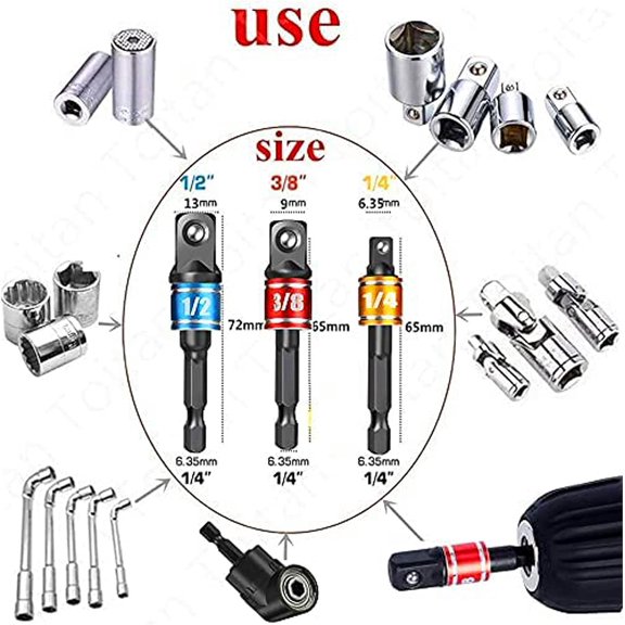 PYAN-Impact Grade Socket Adapter Set - 3 Pcs Extension Drill Bit Socket Wrench Adapter for Impact Driver 1/4 3/8 1/2" Drive, 105 Degree Right Angle Drill Attachment for Household Workplace Industry