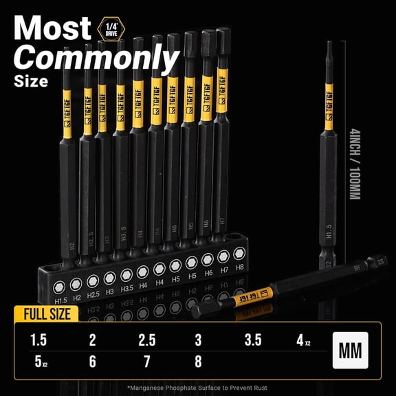 PYAN-Impact Hex Head Allen Wrench Drill Bit Set, 12PCS, 4-Inch (Metric), Premium S2 Steel 1/4 Hex-Shank Hex Bit Set, CNC Machined Magnetic Screwdriver Bit Set, Storage Box, for Automotive Home
