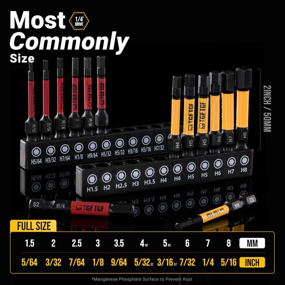 PYAN-Impact Hex Head Allen Wrench Drill Bit Set, 24PCS, 2-inch (Metric & SAE), Premium S2 Steel 1/4" Hex-Shank Hex Bit Set, CNC Machined Magnetic Screwdriver Bit Set, Storage Box, Automotive Home