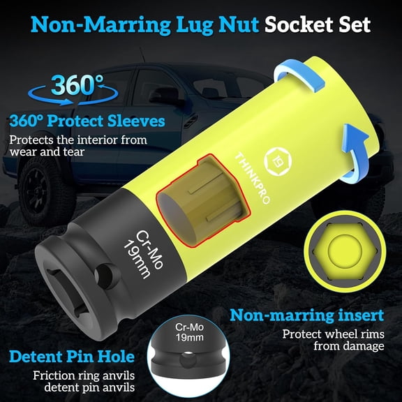 PYAN-Impact Lug Nut Socket Set-7 Pieces Thin Wall Impact Sockets,17,19,21 mm Non-Marring Deep Wheel Lug Nut Sockets Come with Bolt Extractor for Anti-Theft Wheel Nuts