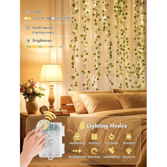 PYAN-Ivy Vines with Fairy Lights, Battery/USB Operated Leaf String Warm White Lights, 23FT 73LED Vine Lights with Remote for Bedroom Garland Wedding Birthday Garden Party Wall Room Headboard Decor