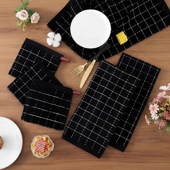 PYAN-Kitchen Towels and Dishcloths Set, 12 x 12 and 13 x 28 Inches, Set of 8 Bulk Cotton Terry Kitchen Towels Set, Checkered Designed, Soft and Super Absorbent Dish Towels, Black