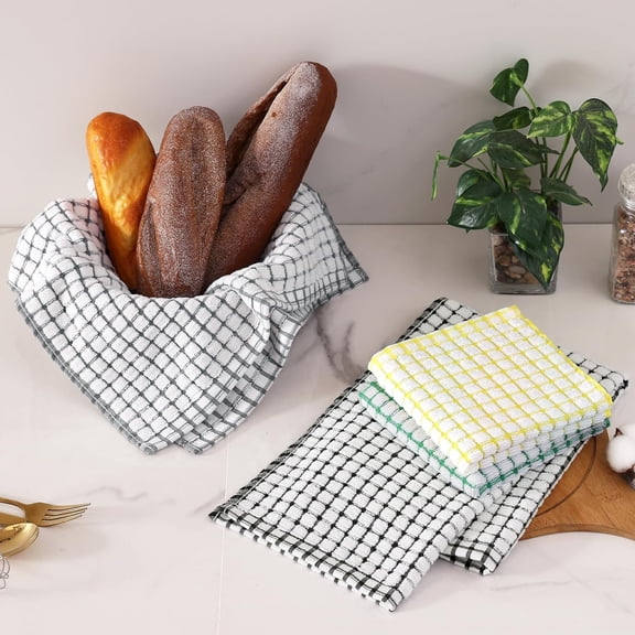 PYAN-Kitchen Towels and Dishcloths Set, 16 x 25 and 12 x 12 Inches, Set of 8 Cotton Terry Kitchen Dish Towels, Super Soft and Absorbent Dish Cloths, Black/Grey/Yellow/Green