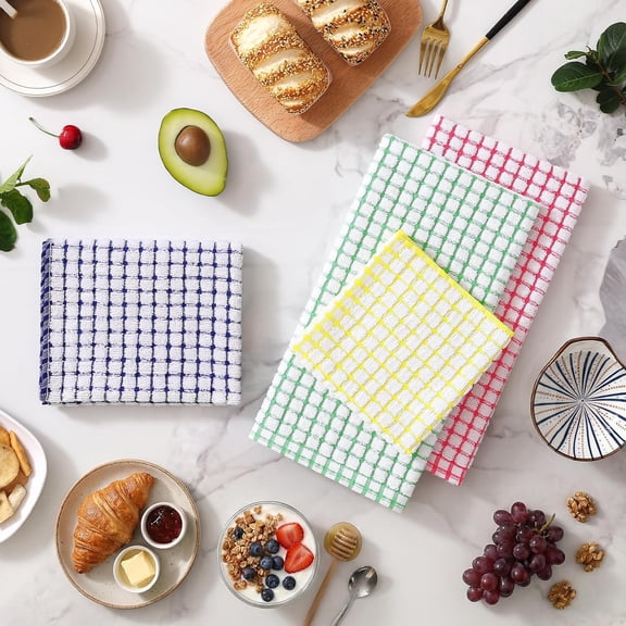 PYAN-Kitchen Towels and Dishcloths Set, 16 x 25 and 12 x 12 Inches, Set of 8 Cotton Terry Kitchen Dish Towels, Super Soft and Absorbent Dish Cloths, Blue/Yellow/Red/Green