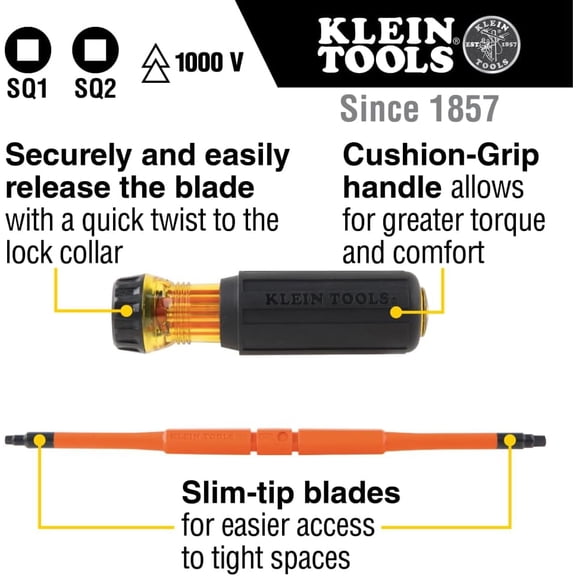 PYAN-Klein Tools 32287 Insulated Screwdriver, 2-in-1 Screwdriver Set with Flip Blade, #1 and #2 Square Tips, Double-Ended Blades