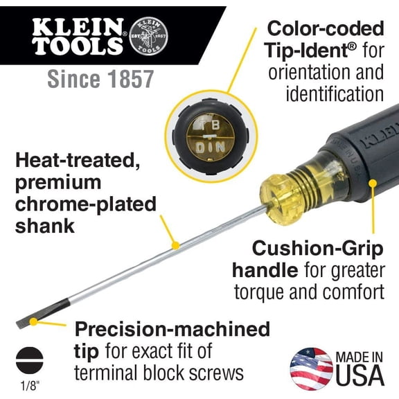PYAN-Klein Tools 612-4 Screwdriver, Flat Head Terminal Block Screwdriver, 1/8-Inch Cabinet Tip, 4-Inch Round Shank, TB-DIN (Pack of 2)
