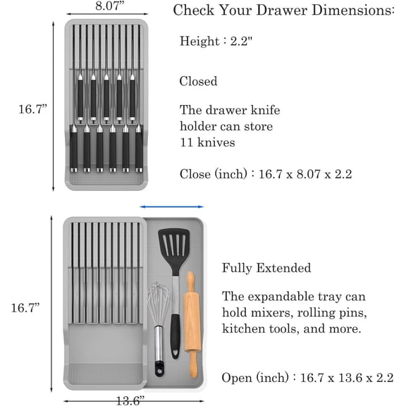 PYAN-Knife Holder, In Drawer Knife Block Holder with Expandable Cutlery Tray Kitchen Drawer Organizer Insert-Holds 11 Knives for Save Space & Kitchen Safety (Drawer knife holder, Plastic)