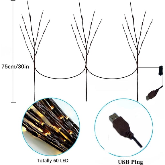 PYAN-LED Branch Lights 3 Pack Connected Lights 60 LEDs Lighted Artificial Brown Twig Tree Branch USB Plug in Decorative Willow Branches Twig Lights for Party Wedding Decoration, Warm White