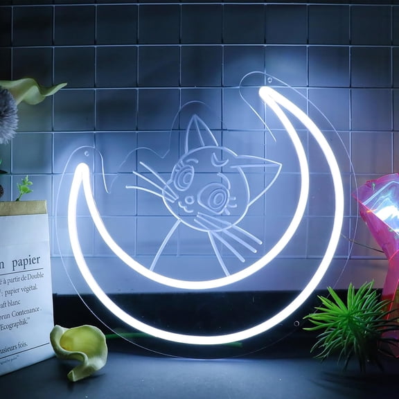 PYAN-LED Cat Neon Signs,Cute Cat Neon Lamps Dimmable Cool White Moon Shaped Neon Lights USB Powered Cat Night Light Wall Decor for Cat Cafe Bedroom Living Room Birthday Gift for Friends