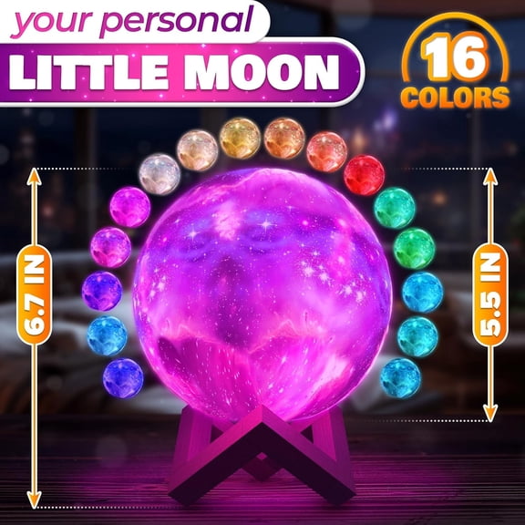 PYAN-LED Galaxy Lamp 5.9" - 16 Colors, 4 Modes Mesmerizing 3D Moon Lamp with Touch & Remote Control, Wooden Stand, USB Charging - Printed Moon Night Light with Realistic Design | Party in The Dark De
