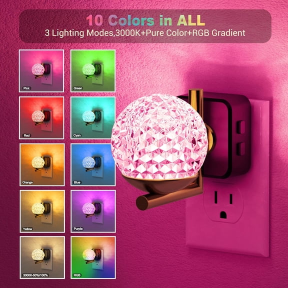 PYAN-LED Night Light, 3000K Warm White & RGB Color Changing Night Lights Plug into Wall, Dusk to Dawn Light Sensor, 180 Rotatable Plug in Nightlights for Bathroom, Bedroom, Hallway