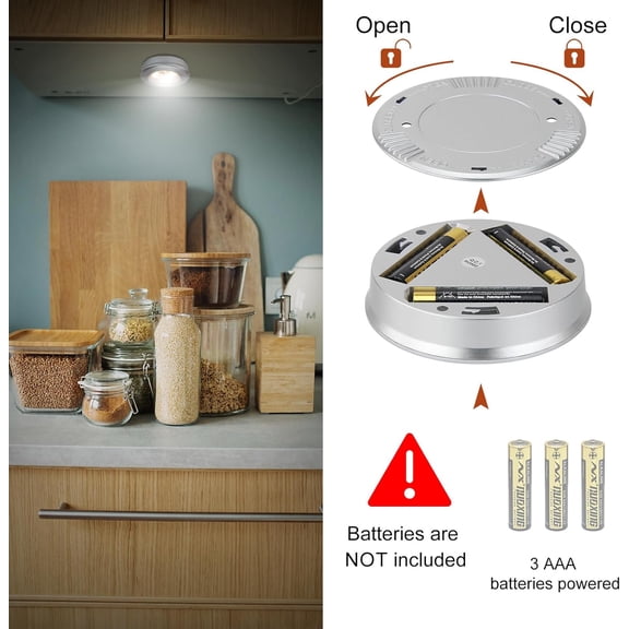 PYAN-LED Puck Lights, Battery Operated Tap Lights, Mini Night Touch Light, Stick On Light, Under Cabinet and Counter Lighting for Kitchen Sink, Shelf, 6-Pack, Silver