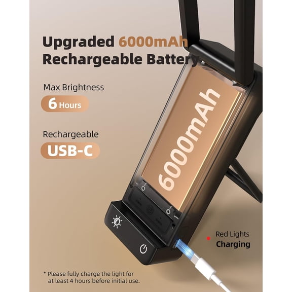 PYAN-LED Rechargeable Desk Lamp, 6000mAh Battery Operated Foldable & Portable Light,90Ra Cordless Table Lamp for Office Home, 3 Color Dimmable Small Desk Lamp Wireless Reading Lamp (Black)