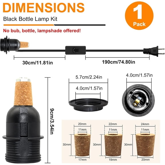 PYAN-Lamp Kits Do it Yourself, DIY Bottle Lamp Kit, 240cm Black Bottle Lamp Adaptor Kit, E26 Wine Bottle Lights, Lamp Fittings Kit for Table Lamp, E27 Lamp Holder,Includes 3 Sizes of Stoppers,No Dril