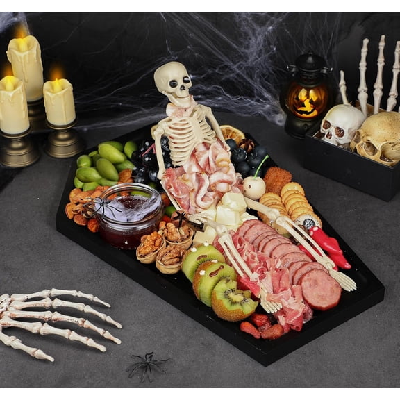 PYAN-Large Coffin Charcuterie Board - New Skeleton Design, 16.5" x 11.5" Spooky Serving Tray for Ample Food Display, Halloween Wooden Meat & Cheese Board, Perfect Spooky Gothic Decor