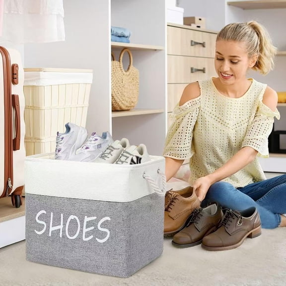 PYAN-Large Fabric Shoe Basket,Flodable Shoe Storage Bin for Entryway,Hallway or Mudroom,Stylish Shoe Storage Container (1)