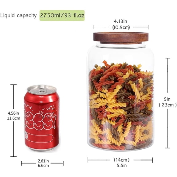 PYAN-Large Glass Food Canisters, 93 FL OZ(2750ml) Kitchen Serving Stoarge Container with Airtight Wooden Lids, Cereal Dispenser Jars for Spaghetti Pasta, Powder, Spice, Tea, Coffee(8.8inch high)