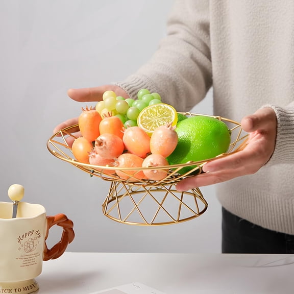 PYAN-Large Metal Wire Fruit Bowl, Round Mesh Fruit Basket for Kitchen Countertop, Modern Decorative Bread Vegetable Storage Holder Organizer(Gold)