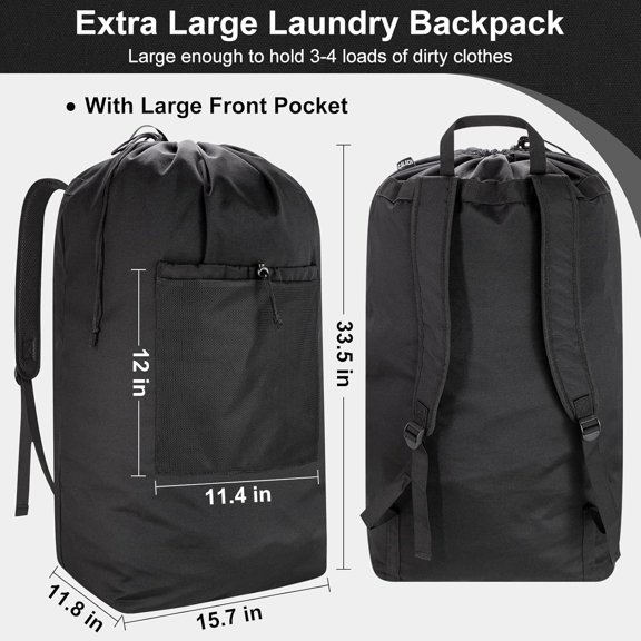 PYAN-Laundry Bag Backpack, Laundry Bag with Soft Padded Straps & Drawstring Closure Washable Dirty Cloth Hamper Bag with Large Front Pocket for College, Travel, Laundromat, Camping (Black, XX-Large)