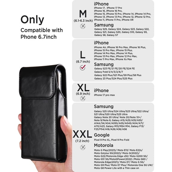 PYAN-Leather Cell Phone Holster with Belt Clip, Phone Pouch for iPhone 16 Pro Max 15 Pro Max 14 Pro Max 13 Pro Max 12 Pro Max 11 Pro Max XS Max 16 Plus 15 Plus 14 Plus, Black-Large